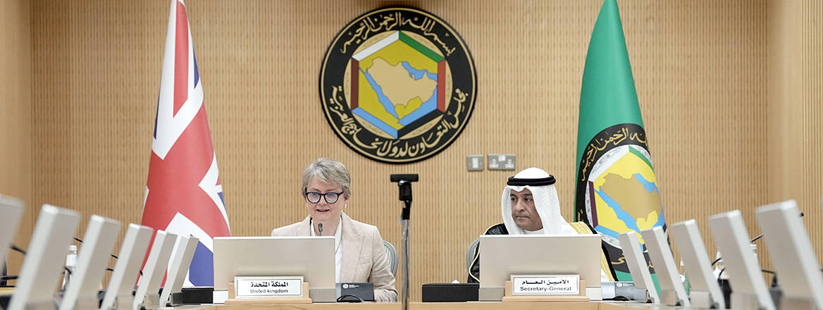 Foreign Secretary Yvette Cooper sits with Jasem Al Budaiwi, secretary general of the Gulf Cooperation Council as part of a visit to Saudi Arabia, 12 March, 2026.