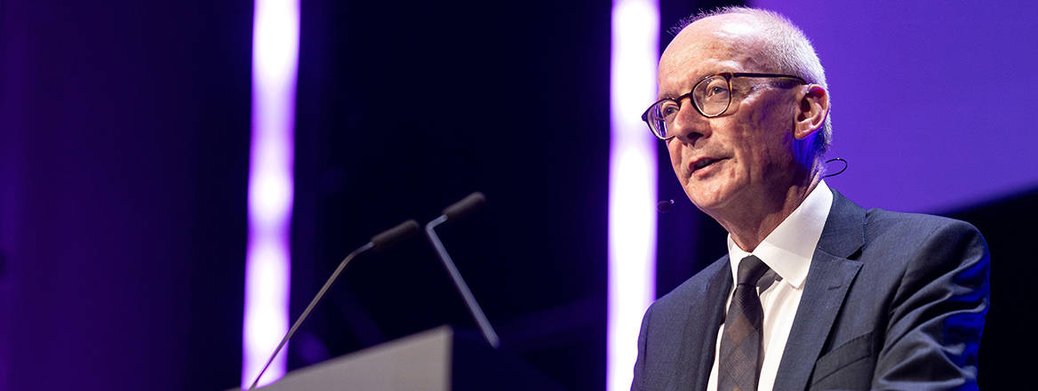 Chancellor of the Duchy of Lancaster Pat McFadden delivers a keynote speech to the CyberUK conference in Manchester, 7 May, 2025.