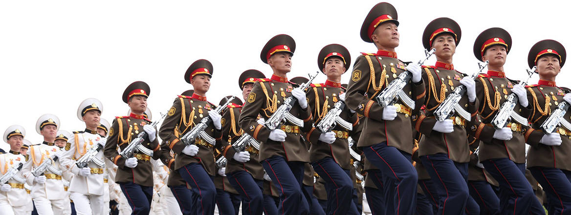 North Korean soldiers marching in the Victory in Europe Day parade in the Red Square, Moscow, 2026.