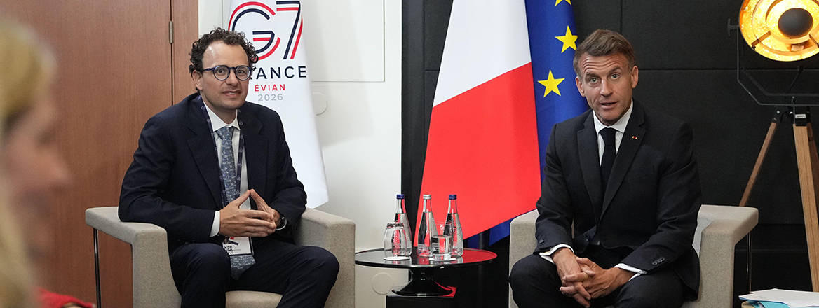 French President Emmanuel Macron, meets with the CEO of Anthropic Dario Amodei during a bilateral meeting on the sidelines of the G7 summit in Evian-les-Bains, France.