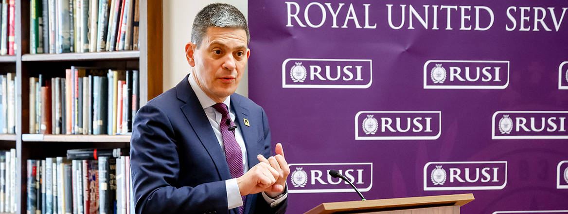 David Miliband, president and CEO of the International Rescue Committee delivering remarks at RUSI. 