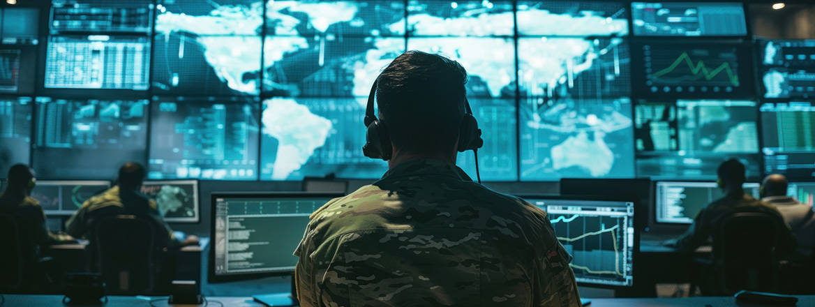 AI generated stock image of a man in military fatigues sitting at a computer in a large control room with a map of the world displayed across a wall panelled with monitor screens.