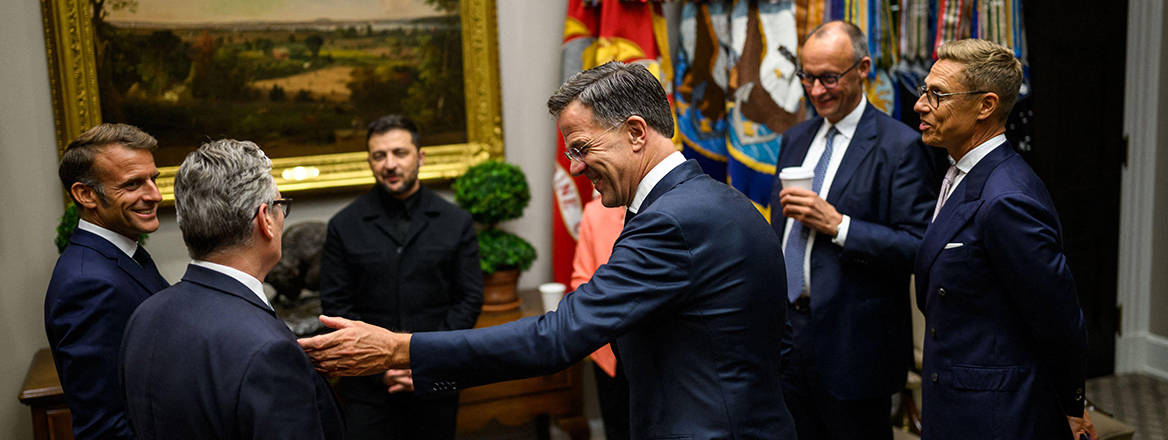 French President Emmanuel Macron, UK Prime Minister Keir Starmer, Ukrainian President Volodymyr Zelenskyy, European Commission President Ursula von der Leyen, NATO Secretary General Mark Rutte, German Chancellor Friedrich Merz, and Finnish President Alexander Stubb in the Roosevelt Room.