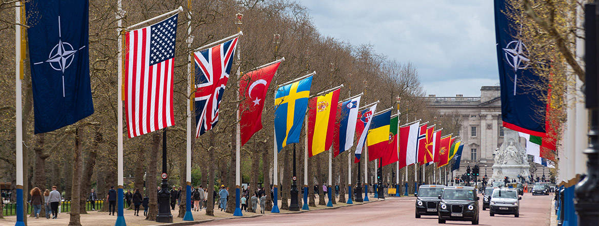 NATO 75th anniversary flags celebration in The Mall, London, UK.