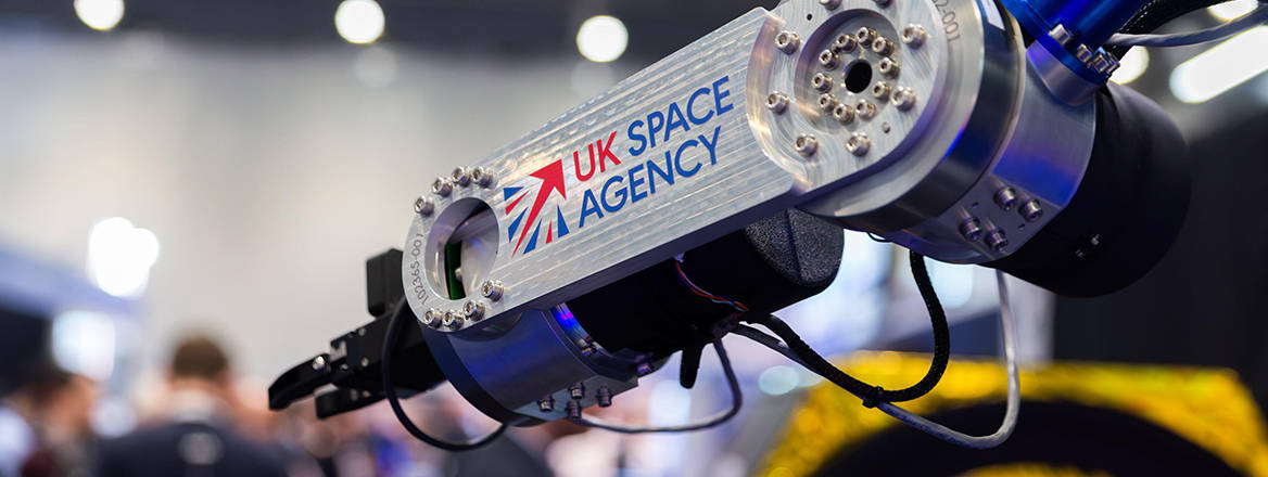 UK Space Agency robotic arm on display at Space-Comm Expo in ExCeL London, UK
