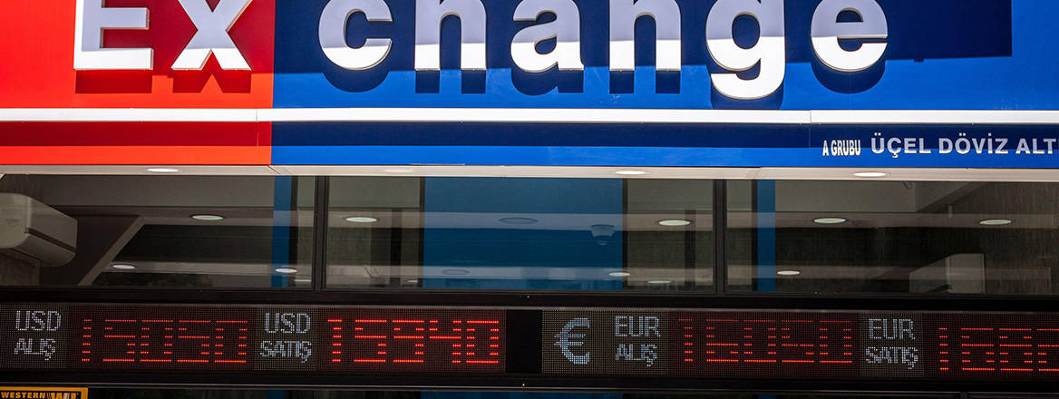 A Turkish exchange office in Istanbul, showing the exchange rates for Turkish Lira.