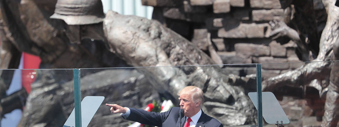 President Donald Trump in Warsaw on July 6, 2017, at the statue commemorating the 1944 Polish uprising against German occupiers.