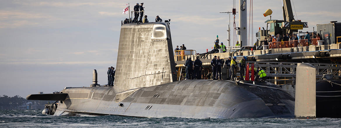 Royal Navy Astute-class submarine, HMS Anson, departs HMAS Stirling following the Submarine Maintenance Period in Western Australia.