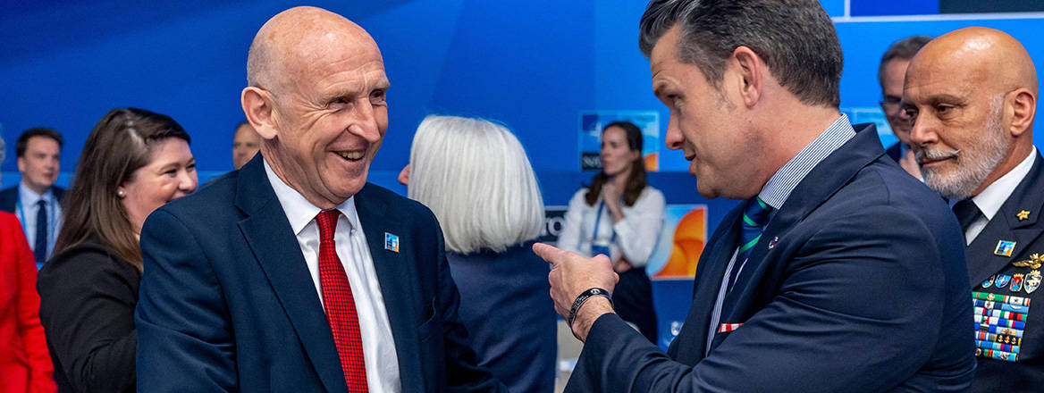 The UK Secretary of State for Defence John Healey and US Secretary of Defense Pete Hegseth shake hands at the Hague, the Netherlands, 25 June, 2025.