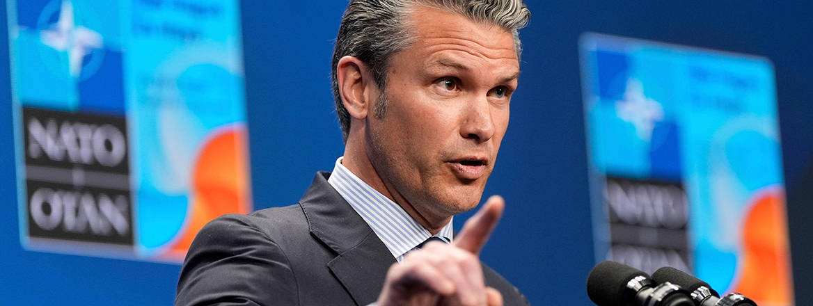 Defence Secretary Pete Hegseth gestures during a media conference at the end of the NATO summit in The Hague, Netherlands.