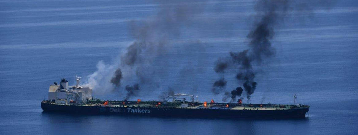 Fires burning aboard the oil tanker Sounion, which came under repeated attack by Yemen's Houthi rebels amid their campaign targeting shipping over the Israel-Hamas war in the Gaza Strip, 25 August, 2024. 