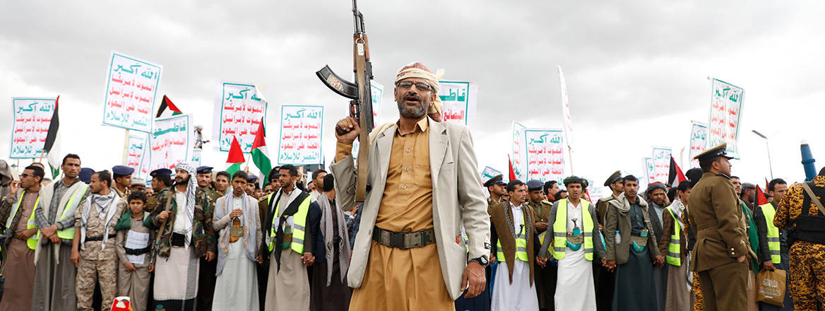 Houthi supporters attending a rally against the US-led airstrikes on Yemen and in support of the Palestinians in the Gaza Strip.