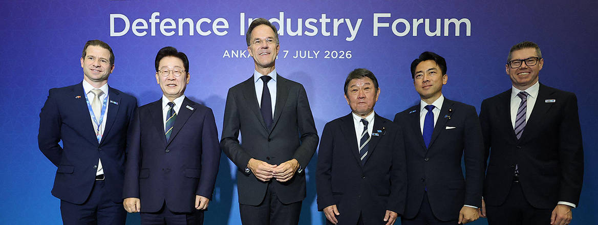 New Zealand Defence Minister Chris Penk, South Korean President Lee Jae Myung, NATO Secretary General Mark Rutte, Japanese Foreign Minister Toshimitsu Motegi, Japanese Defence Minister Shinjiro Koizumi and Australian Defence Industry Minister Pat Conroy, during the meeting of NATO's IP-4, in Ankara, to discuss security cooperation.