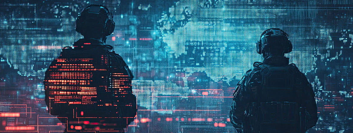 A stock image of personnel in military fatigues standing within a futuristic setting, facing a map.
