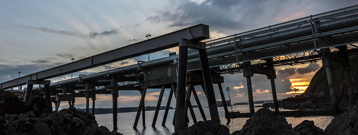 The South Hook LNG jetties on Milford Haven, Pembrokeshire, UK.