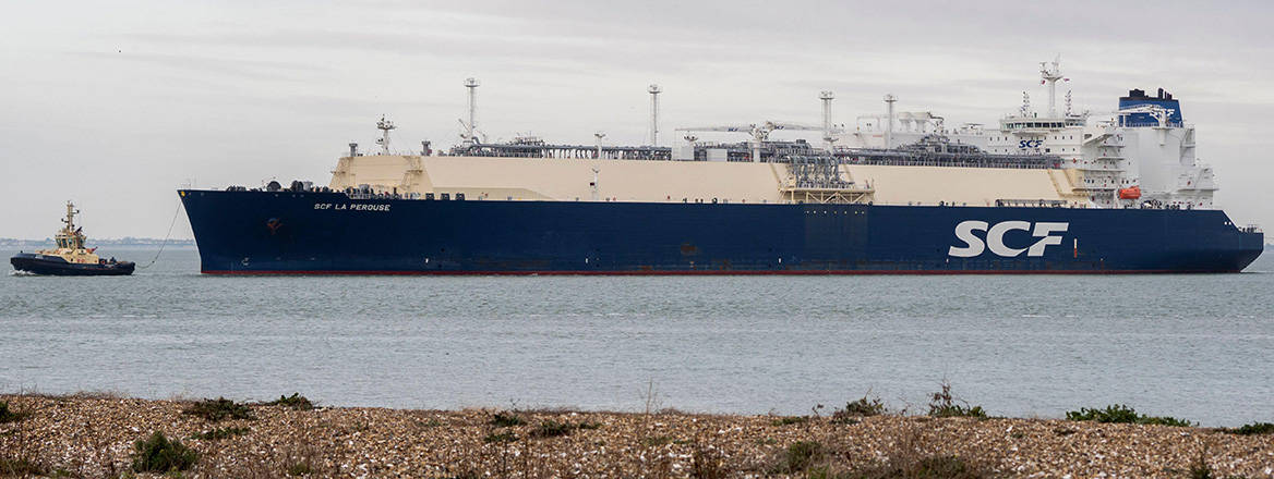 Russian state-controlled shipowner Sovcomflot LNG tanker 'SCF LA PEROUSE' seen passing Sheerness, Kent on its way to berth at National Grid's Isle of Grain LNG facility.