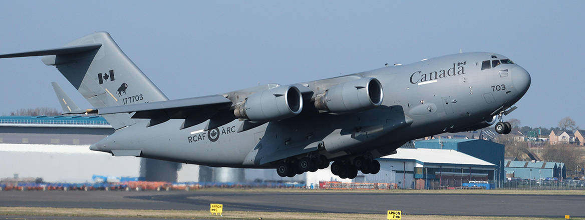 Royal Canadian Air Force RCAF Boeing C-17 Globemaster transport aircraft taking off at Prestwick Scotland UK in March 2025.