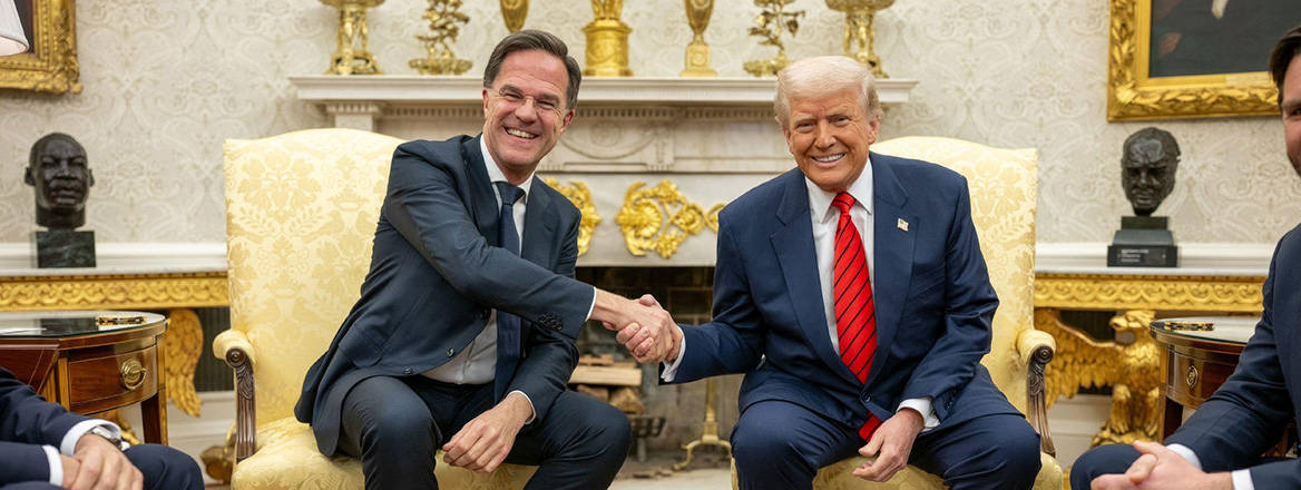 U.S President Donald Trump, right, shakes hands with NATO Secretary General Mark Rutte, left, during a bilateral meeting at the Oval Office of the White House, March 13, 2025 in Washington