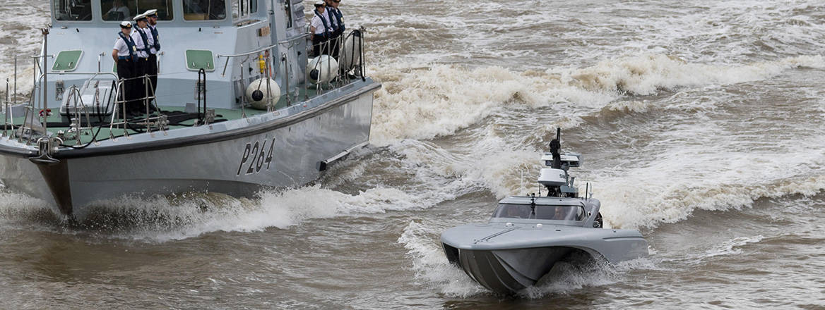 The Maritime Autonomy Surface Testbed, an unmanned surface vessel, is tested on the River Thames.