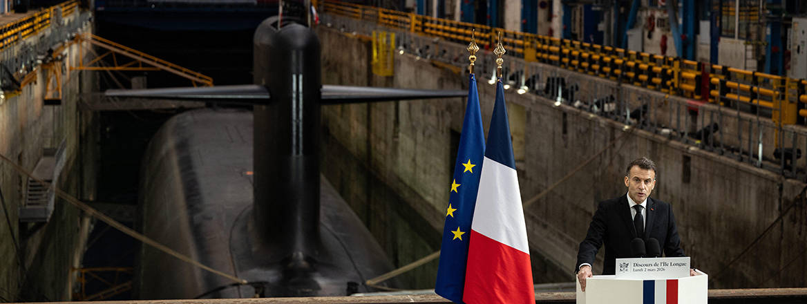 French President Emmanuel Macron delivers a speech on nuclear deterrence at the ÃŽle Longue military base on the Crozon Peninsula.