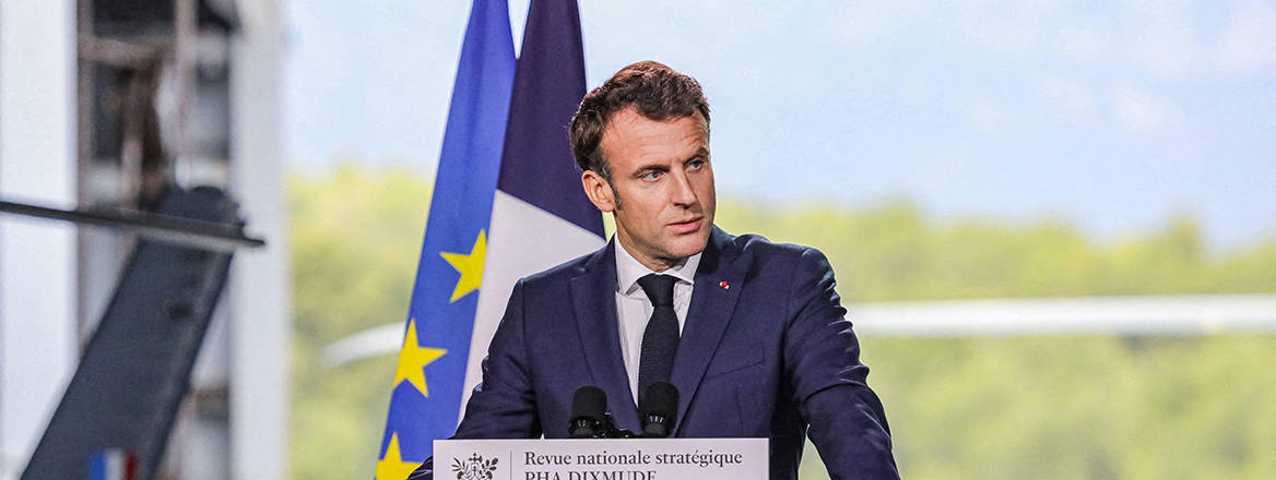 French President Emmanuel Macron delivers a speech at the French Navy base of Toulon.