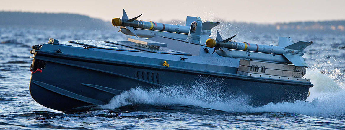 A sea drone Magura V7 of Ukraine's Defence Intelligence in an undisclosed location in Ukraine.