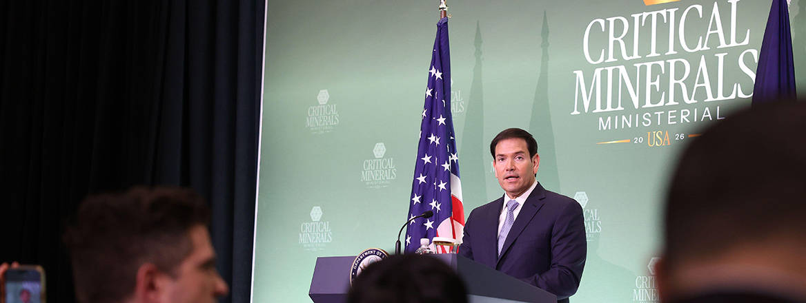 US Secretary of State Marco Rubio attends a news conference during the first Critical Minerals Ministerial at the State Department's Harry S. Truman Building in Washington, DC.