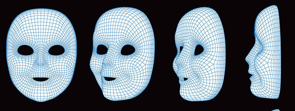 A 3D wireframe human face mask series showing various angles and perspectives.