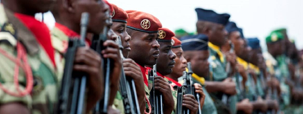 Military members from the Gabonese Armed Forces stand in formation during the opening day ceremony for the Central Accord Exercise in Libreville, Gabon in 2016