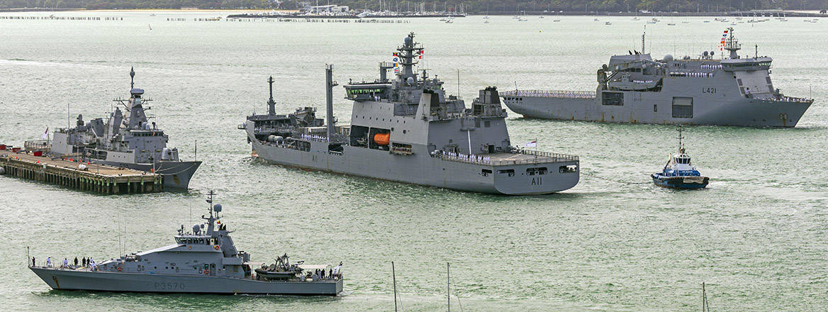 HMNZS Te Kaha, HMNZS Aotearoa, HMNZS Taupo, and HMNZS Canterbury, arrive at the Devonport Navy Base in Auckland, New Zealand.