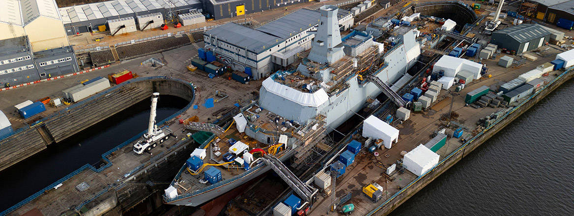 Aerial view of HMS Cardiff Type 26 frigate under construction at BAE Systems shipyard at Scotstoun on the River Clyde, Glasgow, Scotland, UK, 16 February 2025.