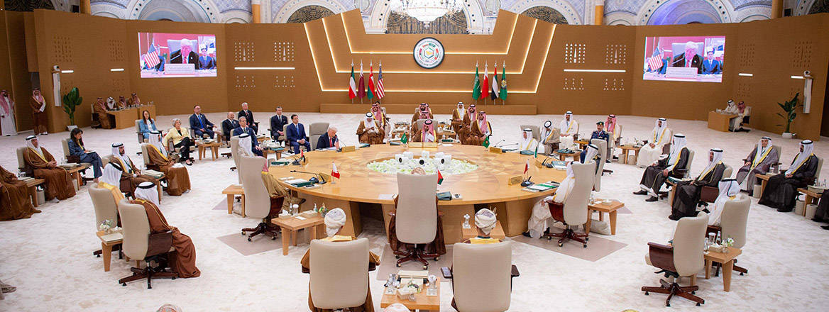 US President Donald Trump speaks during the Gulf Cooperation Council (GCC) Summit in Riyadh, Saudi Arabia, Wednesday, May 14, 2025.