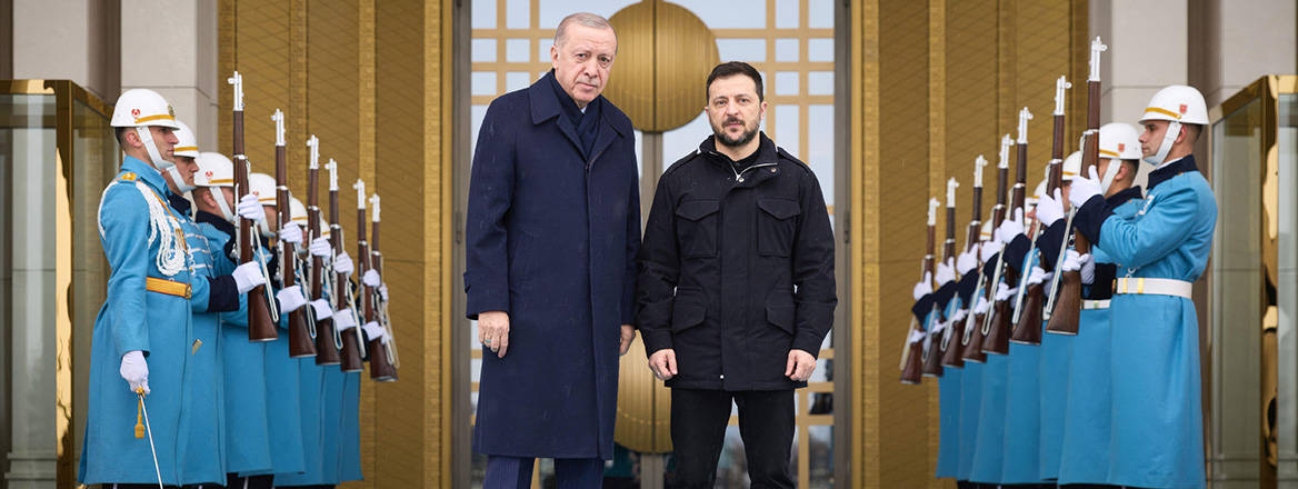 Ukrainian President Volodymyr Zelenskyy poses with Turkish Prime Minister Recep Tayyip Erdogan on arrival for a bilateral meeting at the President Palace, February 18, 2025 in Ankara, Turkey.