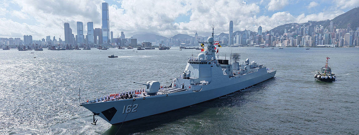 The Chinese Navy guided-missile destroyer Nanning sailing into the Hong Kong Garrison's naval base on Stonecutters Island in Hong Kong, south China.