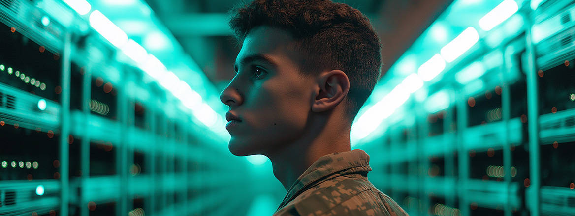 AI generated image of a soldier in profile against banks of computer processing units..