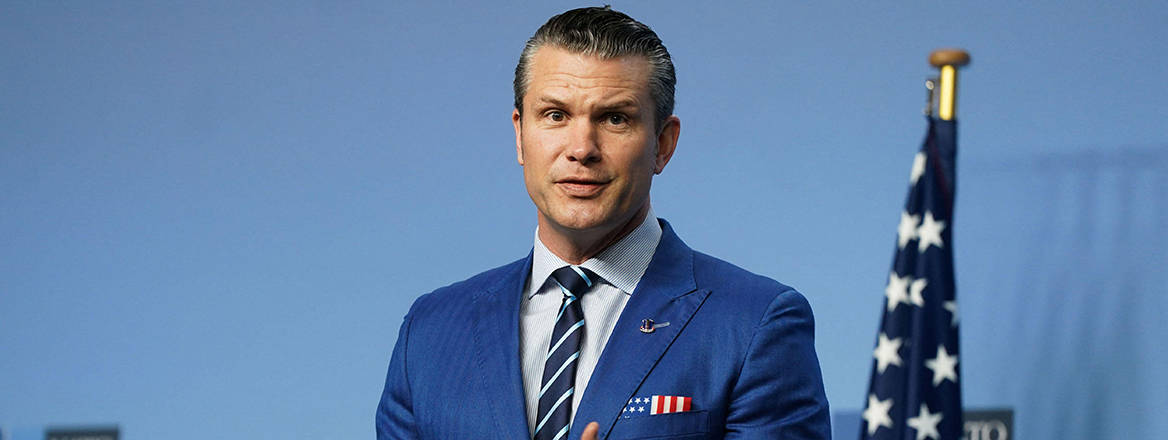 US Secretary of Defense Pete Hegseth speaks at a press conference in Brussels, Belgium.