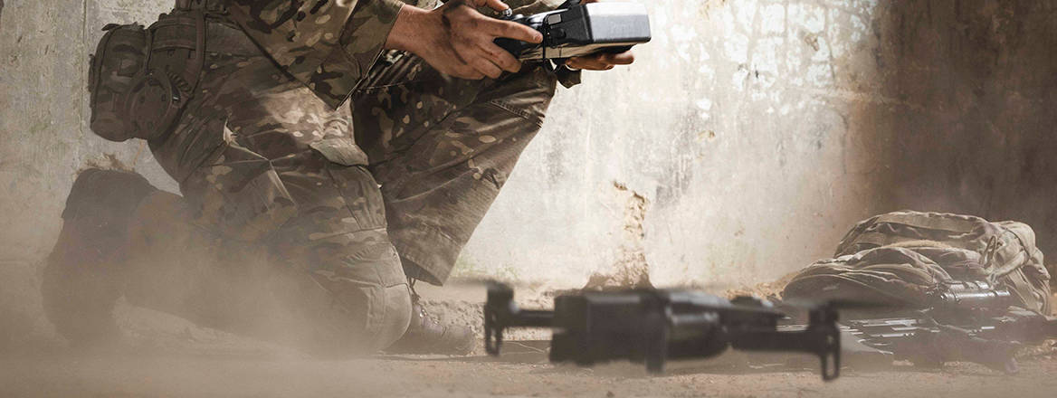 A soldier from 2nd Battalion from The Yorkshire Regiment send a drone from the building after it had been secured during Exercise Wessex Storm in 2023. 