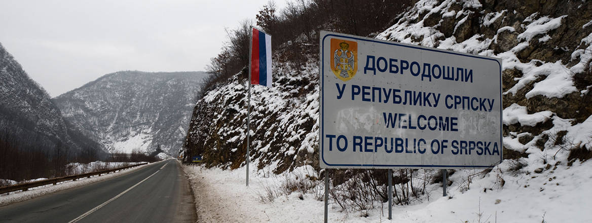 Road-sign in Serbian and English reading 'Welcome to Republika Srpska' on the road towards Banja Luka, Bosnia & Herzegovina. 