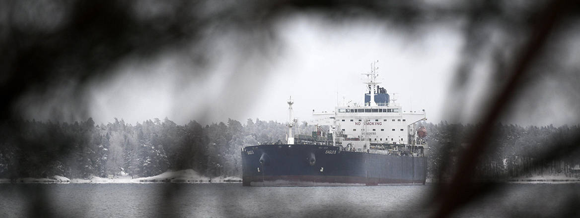 Cook Islands-registered oil-tanker Eagle S anchored near the Kilpilahti port in Porvoo, Finland on the Gulf of Finland on January 13, 2025. The tanker is suspected of the disruption of the Finland-Estonia electrical link Estlink 2 and the tanker is also suspected to be part of the so-called Russian shadow fleet.