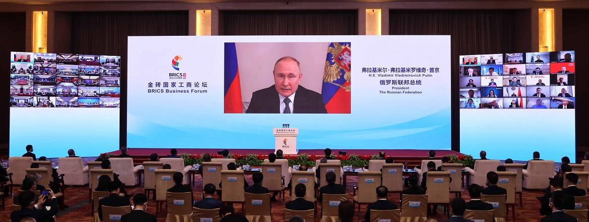 Russian President Vladimir Putin addresses the opening ceremony of the BRICS Business Forum in virtual format, 22 June 2022