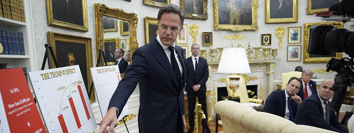 Mark Rutte, Secretary General of the NATO, points to a chart as he meets US President Donald J Trump in the Oval Office of the White House.