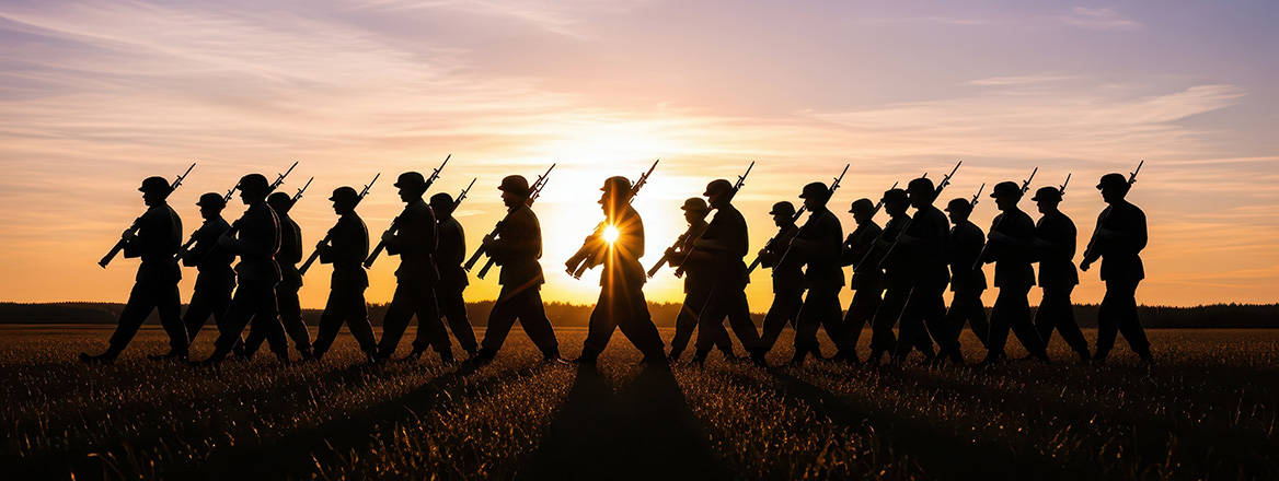 Conceptual image of a group of soldiers with rifles silhouetted against the horizon.