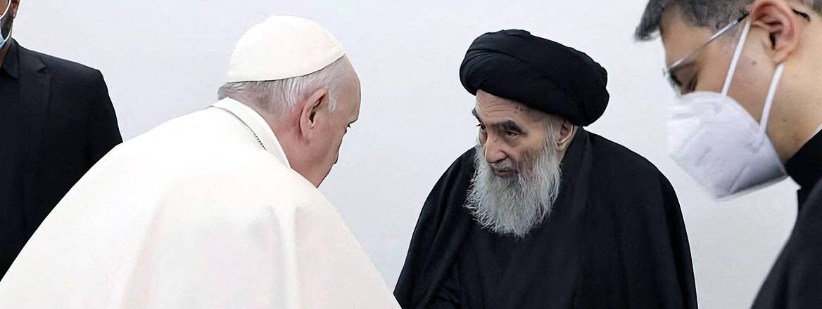 Ayatollah Ali Al Sistani, Iraq's most revered Shiite cleric, receives the late Pope Francis, at his residence in the holy city of Najaf, Iraq, on March 6, 2021.