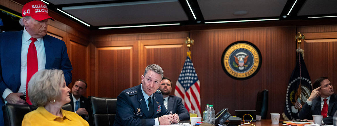 US President Donald Trump meeting with advisors in the White House Situation Room during Operation Midnight Hammer, when stealth B2 bombers dropped Massive Ordnance Penetrators (MOPs) over Iranian nuclear sites.