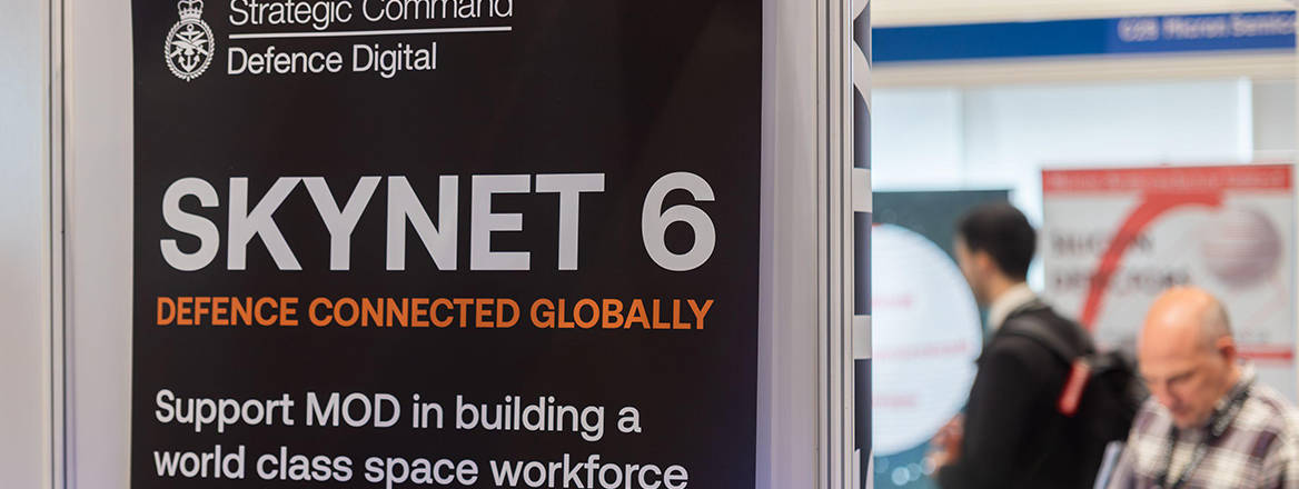 Strategic Command Defence Digital, Skynet 6, stand at Space-Comm Expo in ExCeL London, UK.
