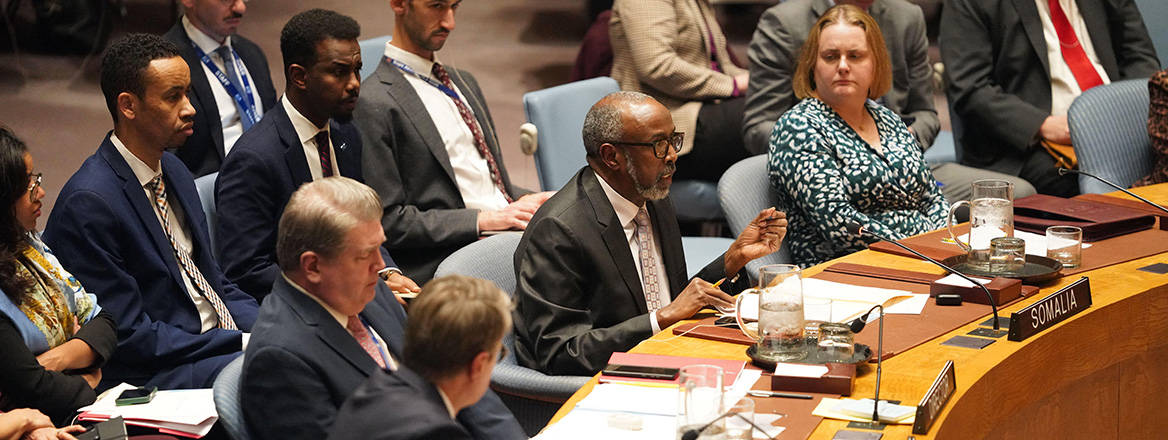 Somali UN ambassador Abukar Dahir Osman speaks at an emergency meeting of the Security Council at the UN headquarters in New York.