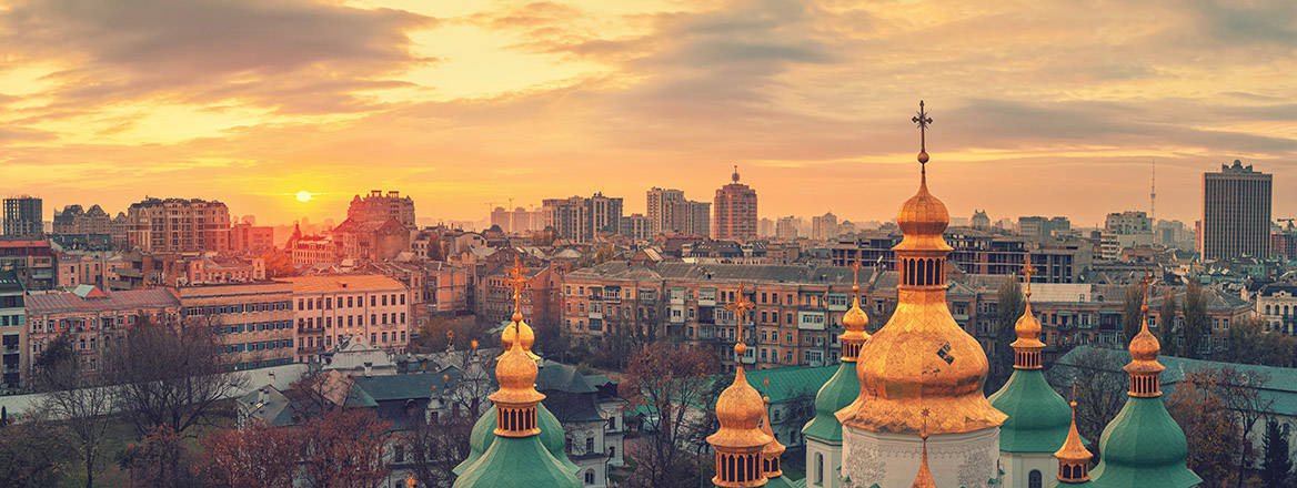 An aerial view of St. Sophia Cathedral at sunset, Kyiv, Ukraine.