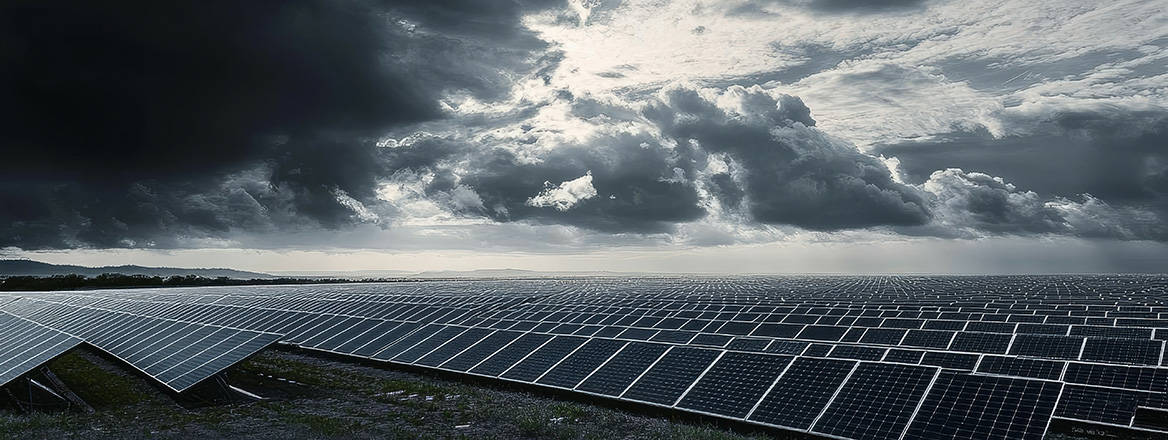 Artificially generated image of a dramatic cloudy sky above an expansive solar farm landscape.