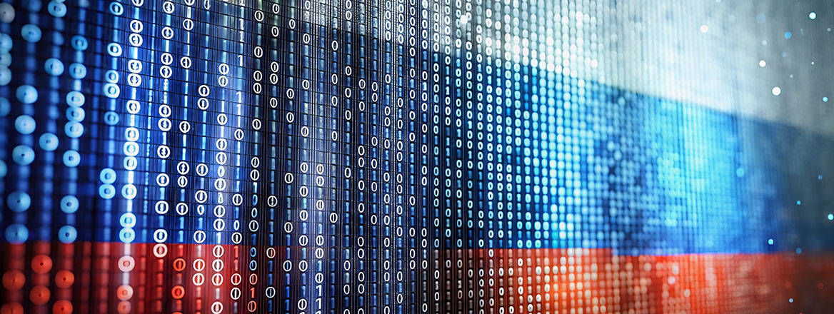 Stock image of a Russian flag with binary code superimposed across the whole image.