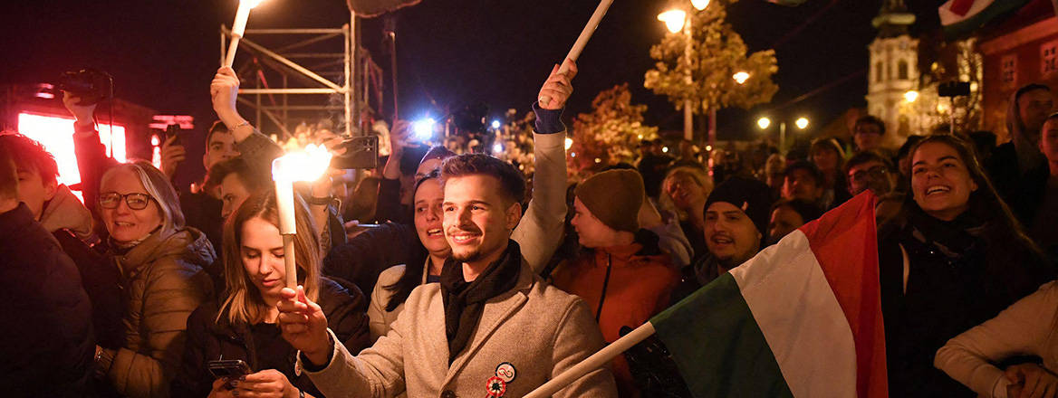 Supporters of the pro-European conservative Tisza party celebrate in Budapest after the general election in Hungary.